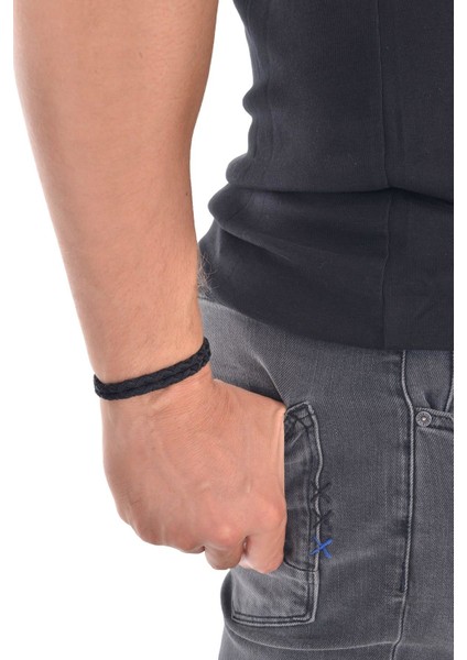 Erkek Siyah Renk Örgü Dokulu Paracord Dolama Bileklik