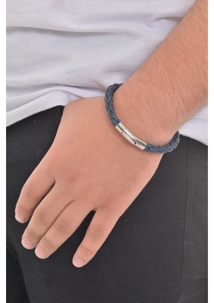 Erkek Koyu Mavi Örgü Deri Bileklik