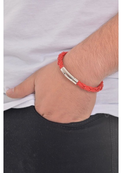 Erkek Kırmızı Örgü Deri Bileklik