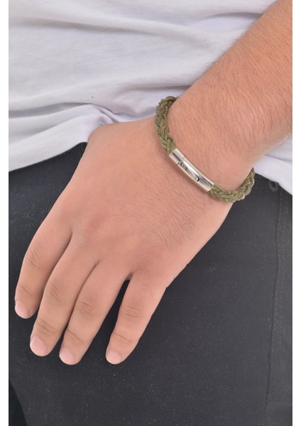 Erkek Yeşil Örgü Deri Bileklik