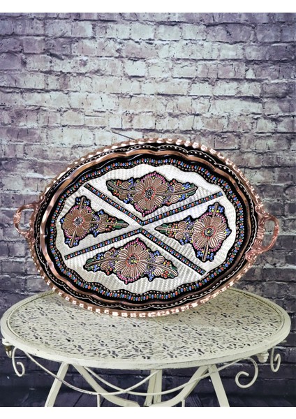 Gül Çiçek Oval Bakır Tepsi