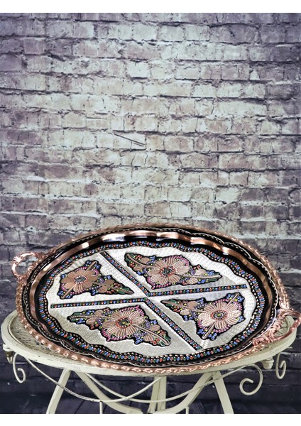 Gül Çiçek Oval Bakır Tepsi