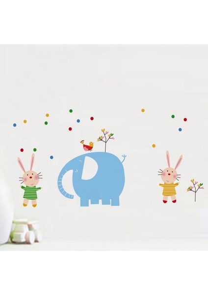 Mavi Fil ve Tavşanlar Duvar Süsü Sticker fiyatları