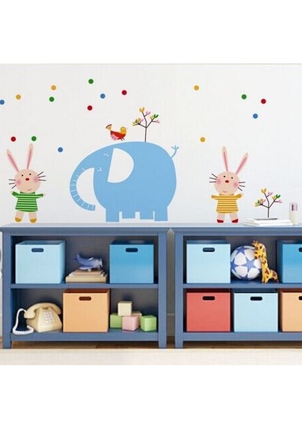 Mavi Fil ve Tavşanlar Duvar Süsü Sticker modelleri