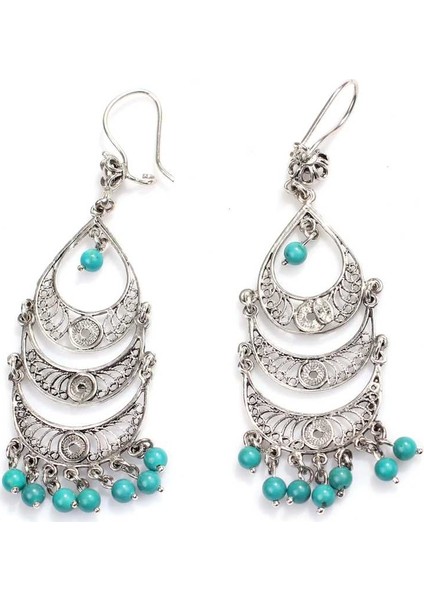 925 Ayar Gümüş Turkuaz Taşlı Sallantılı Telkari Küpe