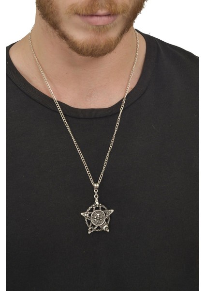 Erkek Antik Gümüş Kaplama Kurukafa&Pentagram Kolye