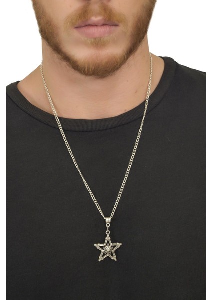 Erkek Antik Gümüş Kaplama Pentagram Kolye