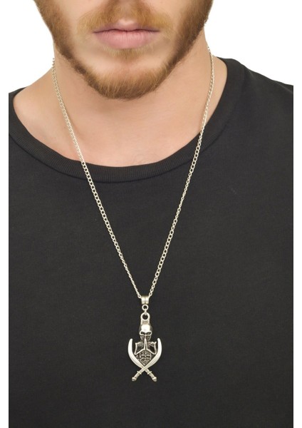 Erkek Antik Gümüş Kaplama Kurukafa&Kılıç Kolye