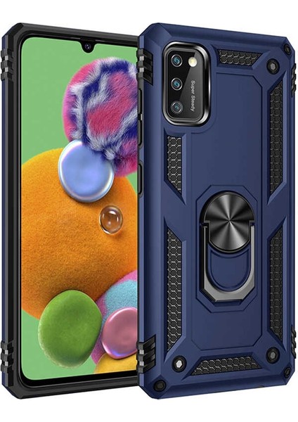 Samsung Galaxy A41 Kılıf Tank Koruma Vega Standlı Yüzüklü Mıknatıslı + Nano Glass Lacivert