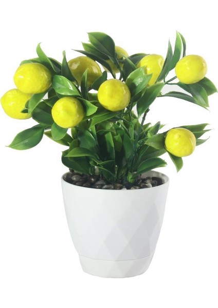 Yapay Çiçek Limon Ağacı Beyaz Saksıda ve Dekoratif Çakıl Taşlı
