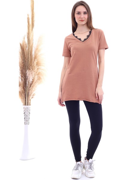 20061494 Süprem V Yaka Yakası Dantelli Kısa Kol Bluz Tarçın fırsatları