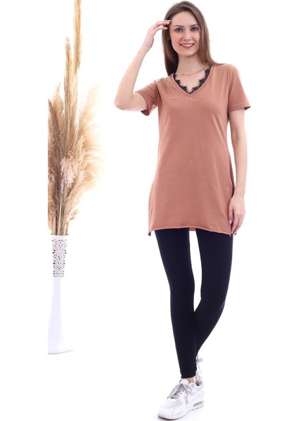 20061494 Süprem V Yaka Yakası Dantelli Kısa Kol Bluz Tarçın indirimleri