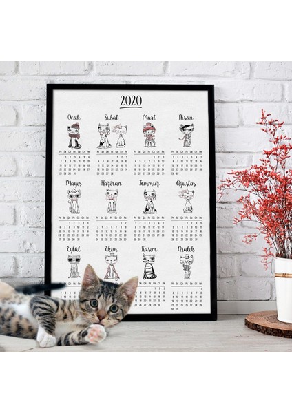Çerçeveli Duvar Takvimi Kediler Büyük Boy Siyah Renk 30 x 40 cm
