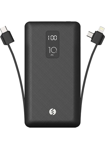 IP-T100C 10000 mAh Lightning + Micro + Type C Kablolu Powerbank Siyah LCD'li Taşınabilir Pil Şarj