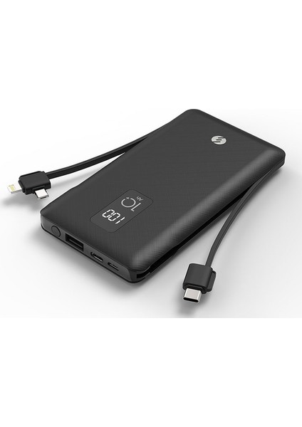 IP-T100C 10000 mAh Lightning + Micro + Type C Kablolu Powerbank Siyah LCD'li Taşınabilir Pil Şarj