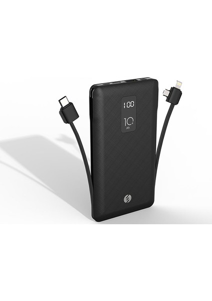 IP-T100C 10000 mAh Lightning + Micro + Type C Kablolu Powerbank Siyah LCD'li Taşınabilir Pil Şarj