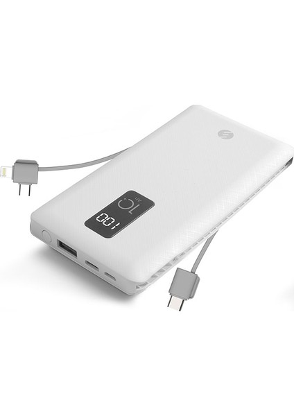 IP-T100C 10000 mAh Lightning + Micro + Type C Kablolu Powerbank Beyaz LCD'li Taşınabilir Pil Şarj