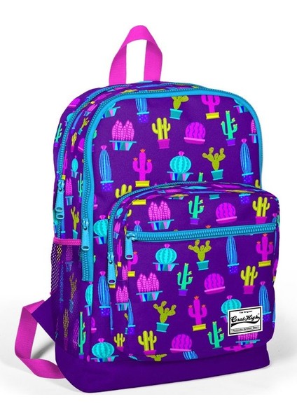 Dört Gözlü Saksıda Kaktüsler Kız Çocuk İlkokul Sırt Çantası Mor
