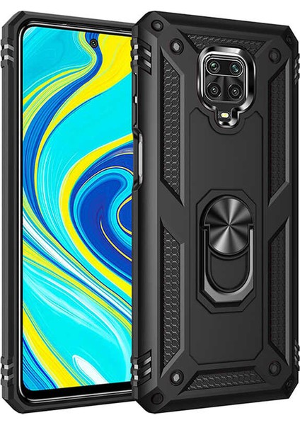 Xiaomi Redmi Note 9s Kılıf Çift Katmanlı Yüzüklü Manyetik Vega Kapak Siyah + Tam Kaplayan 5D Cam Ekran Koruyucu