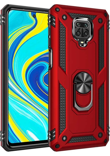 Xiaomi Redmi Note 9s Kılıf Çift Katmanlı Yüzüklü Manyetik Vega Kapak Kırmızı + Cam Ekran Koruyucu