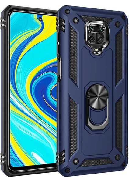 Xiaomi Redmi Note 9s Kılıf Çift Katmanlı Yüzüklü Manyetik Vega Kapak Lacivert + Tam Kaplayan 6D Nano Ekran Koruyucu