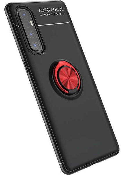 Oppo Reno 3 Pro 5g Kılıf Yüzüklü Manyetik Ravel Silikon Siyah Kırmızı + Tam Kaplayan Süper Pet Ekran Koruyucu