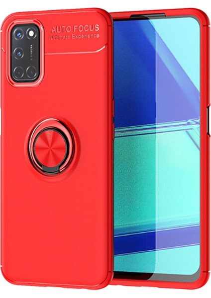 Oppo A92 Kılıf Yüzüklü Manyetik Ravel Silikon Kırmızı + Tam Kaplayan 6D Nano Ekran Koruyucu