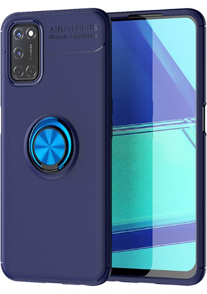 Oppo A92 Kılıf Yüzüklü Manyetik Ravel Silikon Lacivert + Tam Kaplayan 5D Cam Ekran Koruyucu