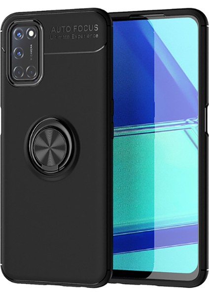 Oppo A92 Kılıf Yüzüklü Manyetik Ravel Silikon Siyah + Tam Kaplayan 5D Cam Ekran Koruyucu