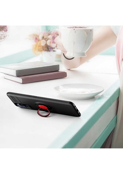 Oppo A72 Kılıf Yüzüklü Manyetik Ravel Silikon Siyah Mavi + Cam Ekran Koruyucu modelleri