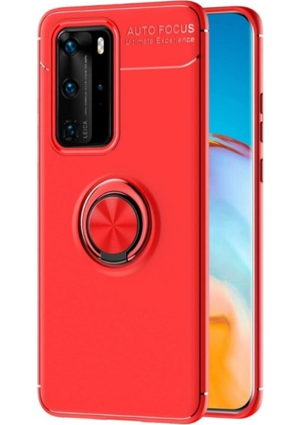 Huawei P40 Pro Kılıf Yüzüklü Manyetik Ravel Silikon Kırmızı + Tam Kaplayan 6D Polymer Nano Ekran Koruyucu