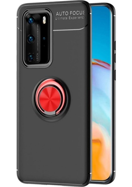 Huawei P40 Pro Kılıf Yüzüklü Manyetik Ravel Silikon Siyah Kırmızı + Tam Kaplayan 6D Polymer Nano Ekran Koruyucu