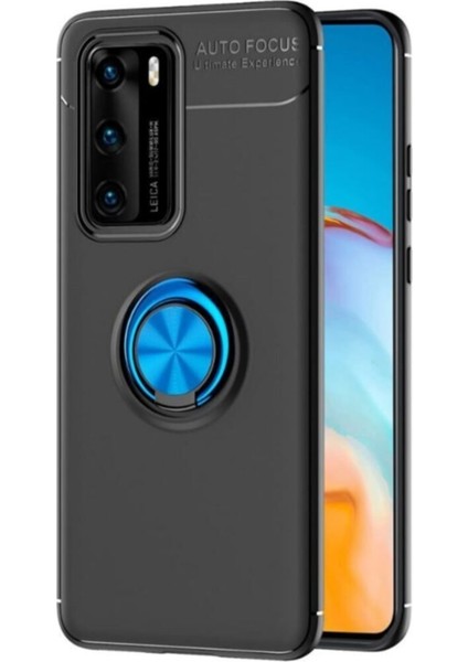 Huawei P40 Pro Kılıf Yüzüklü Manyetik Ravel Silikon Siyah Mavi + Tam Kaplayan 6D Polymer Nano Ekran Koruyucu