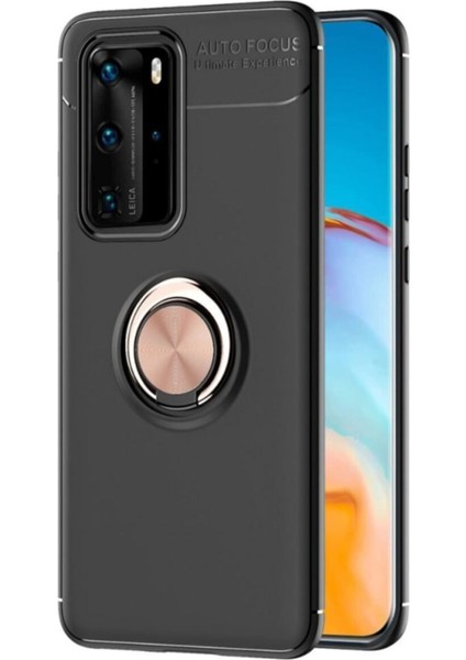Huawei P40 Pro Kılıf Yüzüklü Manyetik Ravel Silikon Siyah Rose + Tam Kaplayan 6D Polymer Nano Ekran Koruyucu