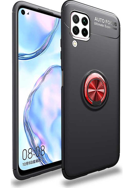 Huawei P40 Lite Kılıf Yüzüklü Manyetik Ravel Silikon Siyah Kırmızı + Tam Kaplayan 6D Nano Ekran Koruyucu