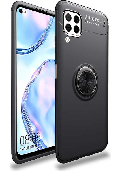 Huawei P40 Lite Kılıf Yüzüklü Manyetik Ravel Silikon Siyah + Tam Kaplayan 6D Nano Ekran Koruyucu