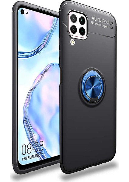 Huawei P40 Lite Kılıf Yüzüklü Manyetik Ravel Silikon Siyah Mavi + Cam Ekran Koruyucu