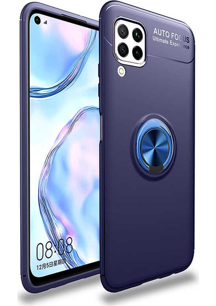 Huawei P40 Lite Kılıf Yüzüklü Manyetik Ravel Silikon Lacivert + Cam Ekran Koruyucu