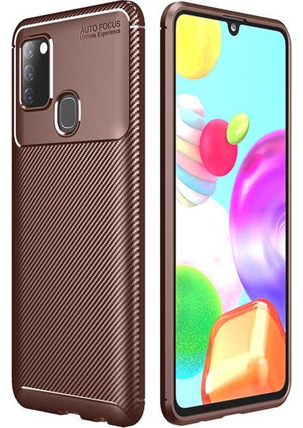 Samsung Galaxy A21S Kılıf Karbon Desenli Lux Negro Silikon Kahverengi + Cam Ekran Koruyucu
