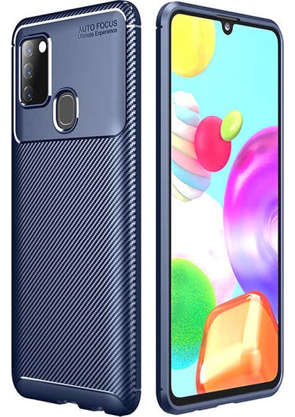 Samsung Galaxy A21S Kılıf Karbon Desenli Lux Negro Silikon Lacivert + Cam Ekran Koruyucu