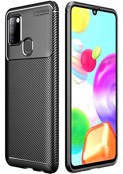 Samsung Galaxy A21S Kılıf Karbon Desenli Lux Negro Silikon Siyah + Cam Ekran Koruyucu