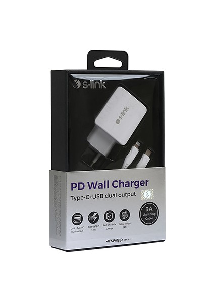 SW-C1110X 1 x USB + 1 x Type-C 18W PD Kablo Hızlı Beyaz Ev Şarj Adaptör