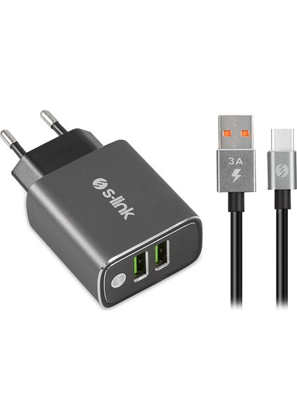 SW-EHT36M 2 x USB 3.1A Metal Ev Sarj Cihazı ve Type-C Data + Sarj Kablosu