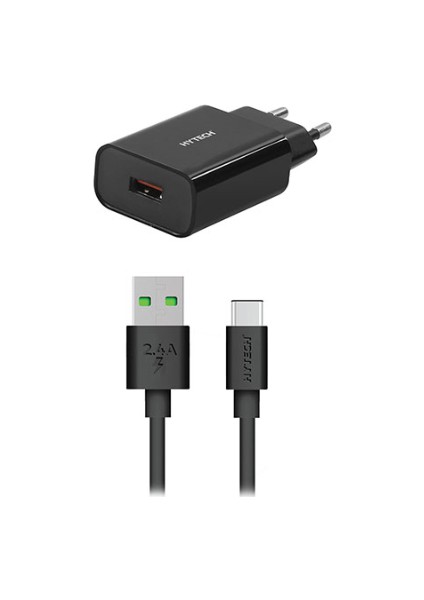 HY-XE36TB 3500 mAh Ev Şarj 18W + 2.4A Type-C USB Quick 3.0 Hızlı Siyah Şarj Adaptör Seti