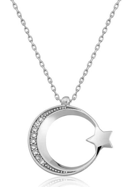 Gümüş Ay Yıldız Bayan Kolye
