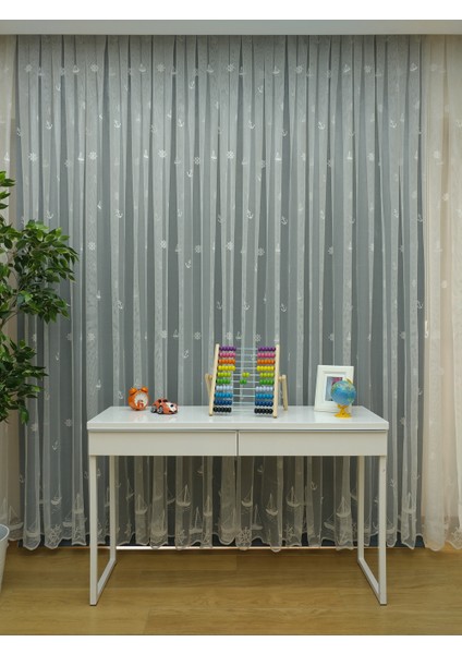 Yelkenli Çapa Desenli Çocuk Odası Tül Perde 350 x 260 Normal Pile 1/2.5