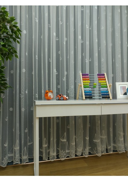 Yelkenli Çapa Desenli Çocuk Odası Tül Perde 350 x 260 Normal Pile 1/2.5
