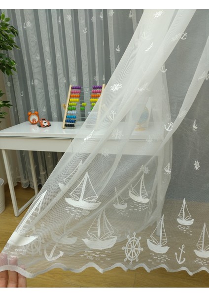 Yelkenli Çapa Desenli Çocuk Odası Tül Perde 350 x 260 Normal Pile 1/2.5