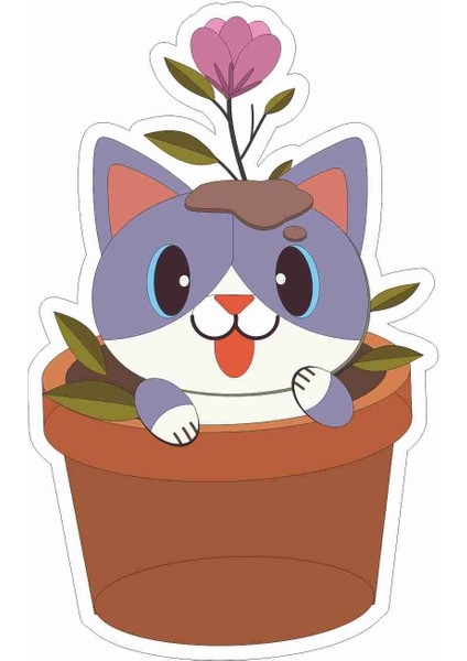 Cat - Kedi - Flower - Çiçek Sticker - 17242 Renkli 8 x 5 cm