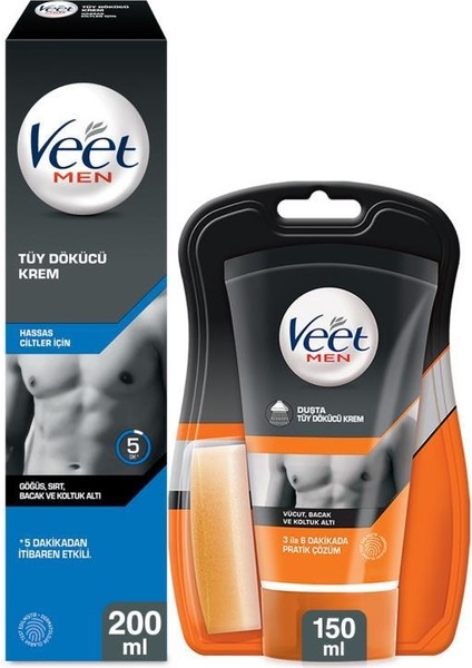 Veet Men Hassas Erkeklere Özel Tüy Dökücü 200ML+VEET Men Normal Erkeklere Özel Duşta Tüy Dökücü Krem 150ML